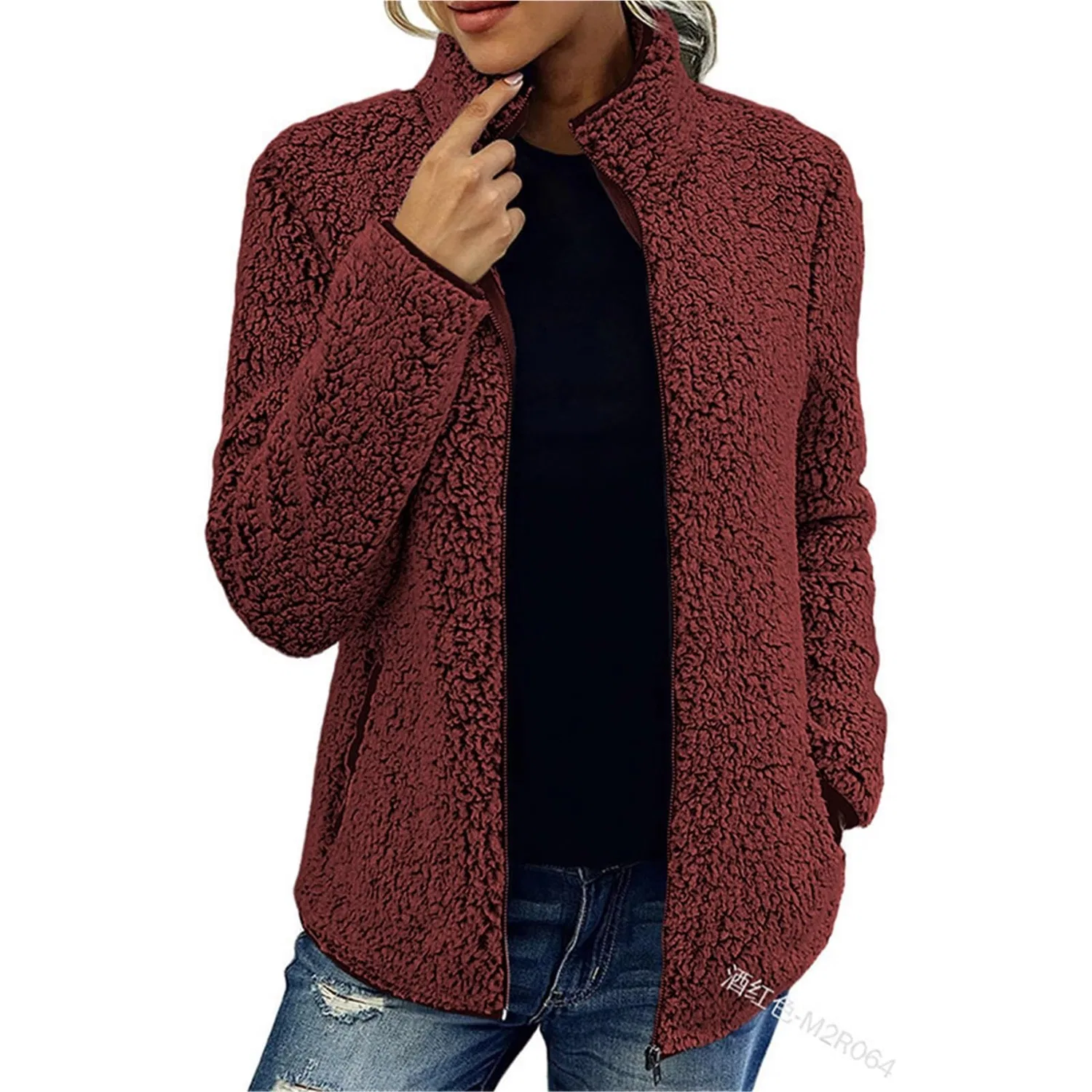 Женская куртка из флиса с высоким воротником и молнией, Red — фото 3