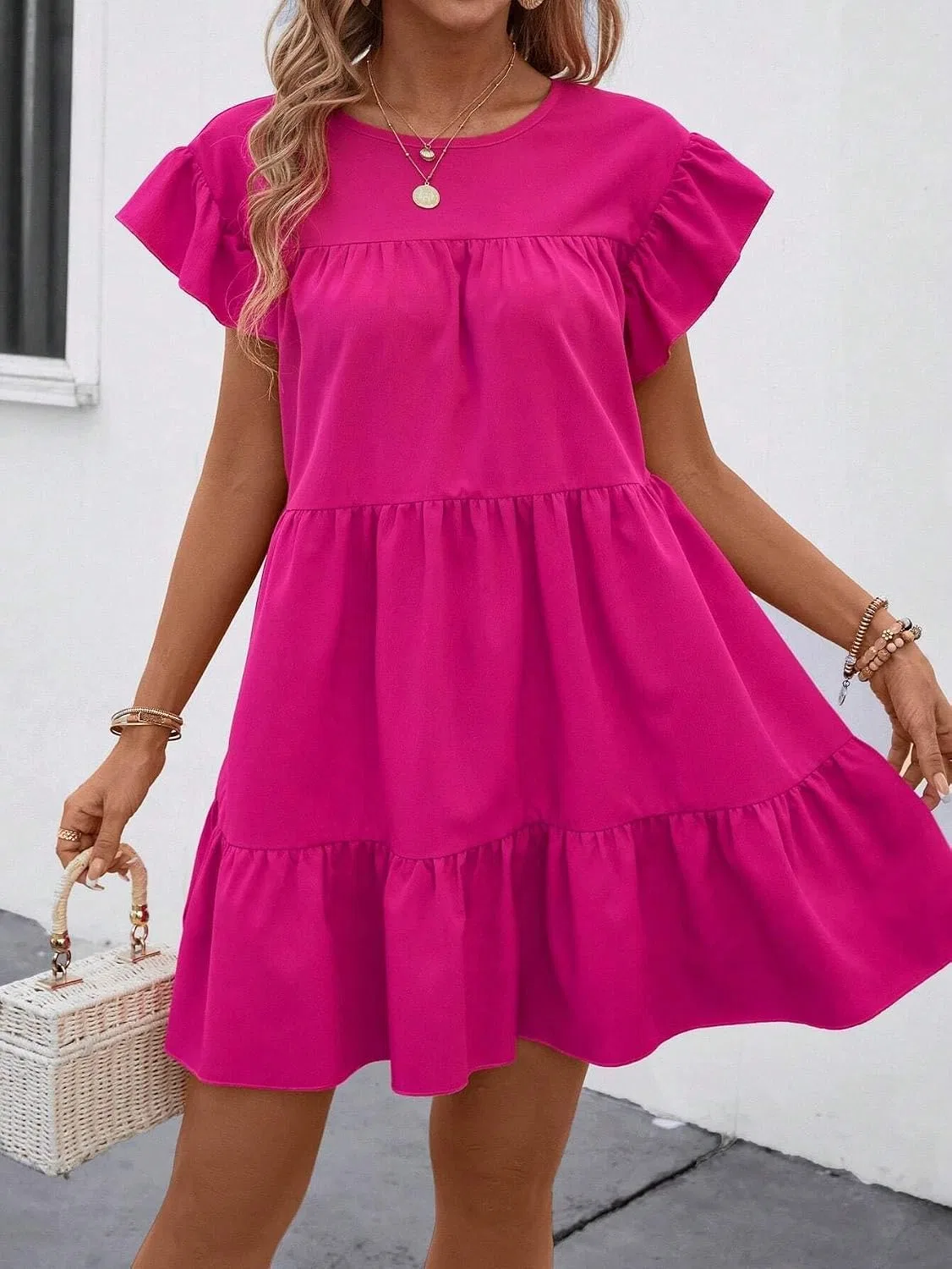 Женское платье миди с воланами, свободного кроя, Hot Pink — фото 4