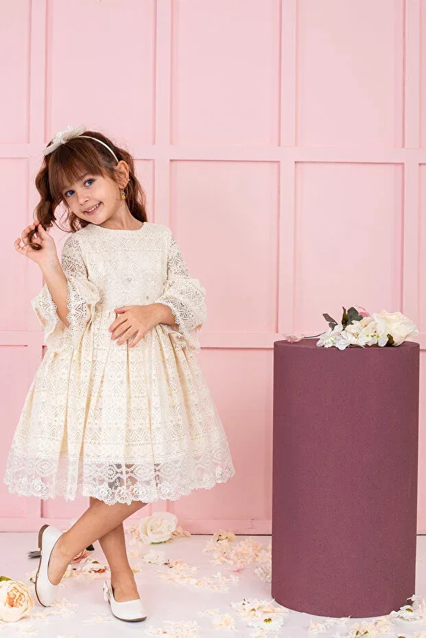 Детское кружевное платье для девочек Süslü Pink Kids, Ecru — фото 2
