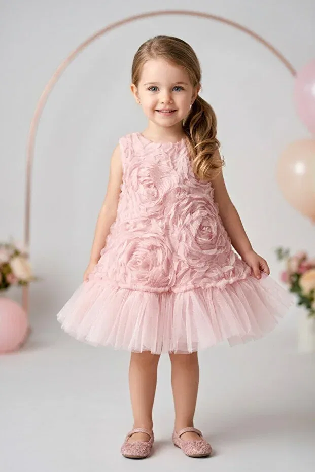 Детское платье для девочек с коротким рукавом Summer Dress Baby Animals, Powder — фото 2