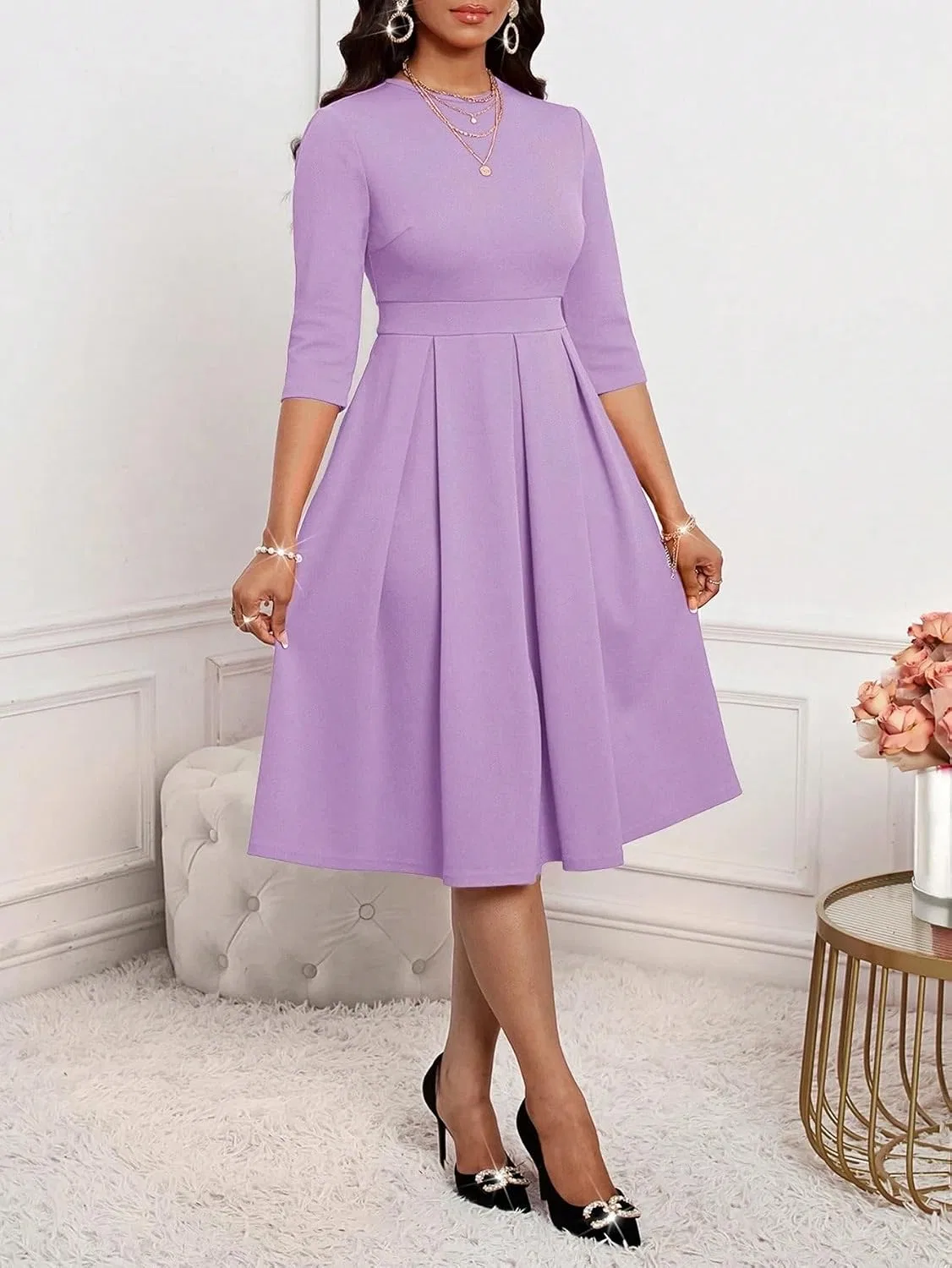 Женское миди-платье с круглым вырезом A-силуэта, Lilac Purple — фото 3