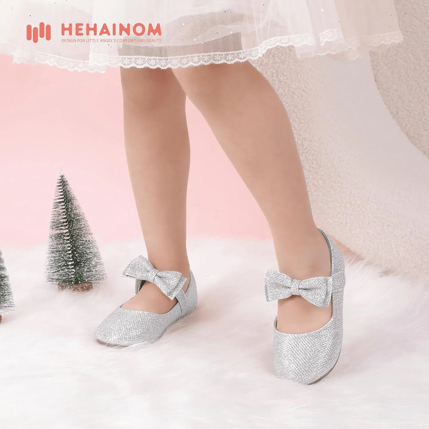 Детские балетки для девочек с цветочным принтом Hehainom, Alisa Silver Glitter — фото 3