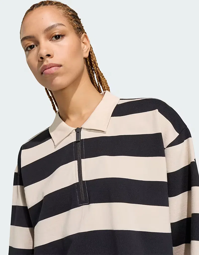 Поло Adidas Sportswear Essentials в современном стиле с длинными рукавами из французского махрового трикотажа, черный/кристально чистый лен — фото 4
