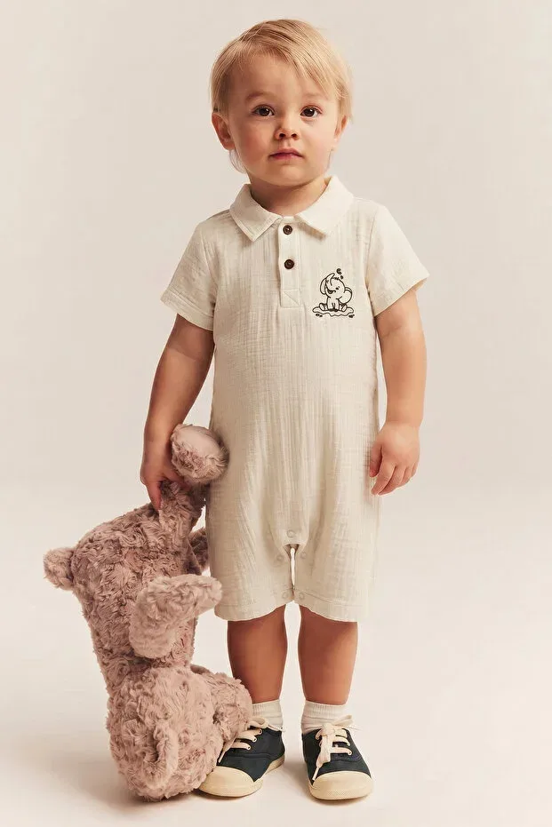 Детский комбинезон с коротким рукавом хлопковый Lilabio, Ecru — фото 2