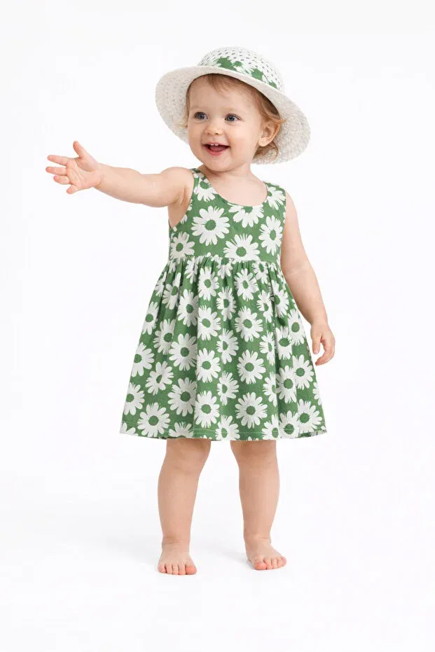 Детское платье для девочек с принтом Sweet Baby Girl Daisy Patterned Style Dress Chicsy Baby, Зеленый — фото 3