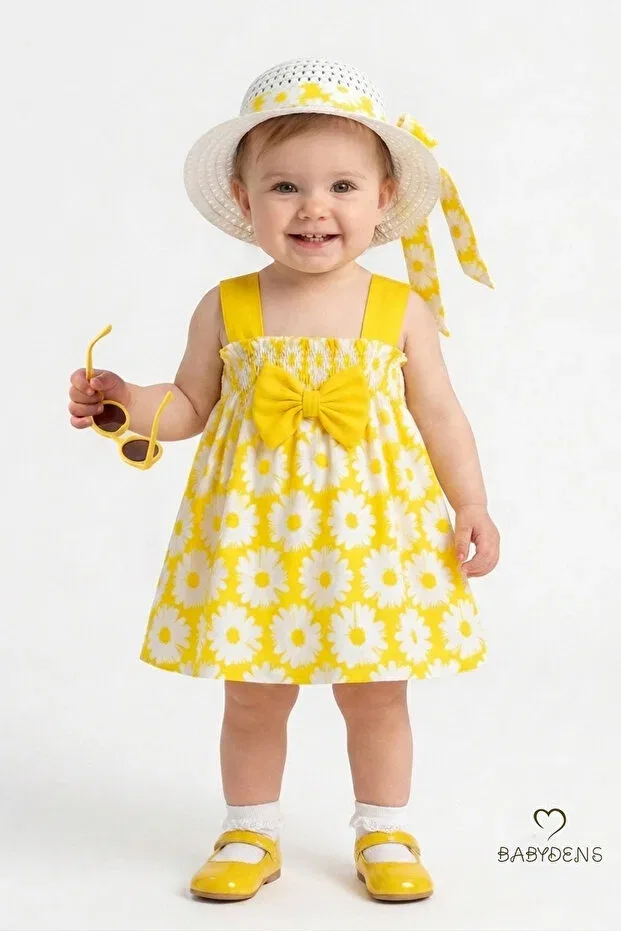 Детское платье для девочек с принтом Baby girl floral print sling dress and hat set cotton summer daisy print bow baby dress Babyden'S, Yellow — фото 3