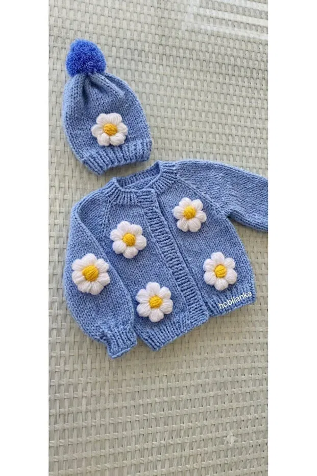 Детский кардиган с цветочным принтом Care Hand-Knitted baby cardigan handmade Hobilanka, Blue — фото 2