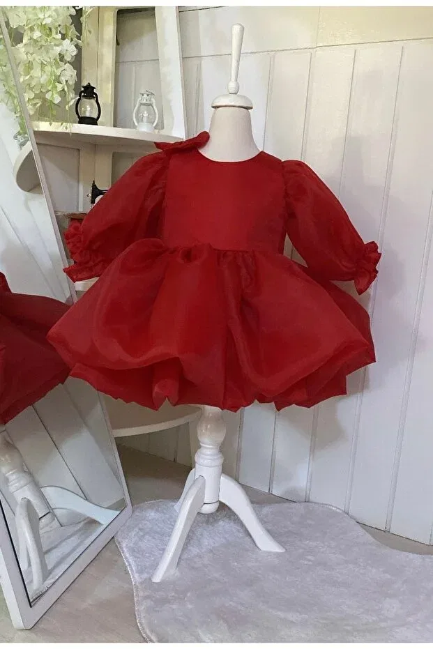 Детское платье для девочек с воздушным рукавом Karolin puffy dress with balloon sleeves Hobi, Red — фото 3
