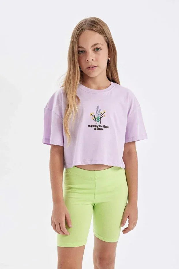 Детская футболка для девочек с принтом Crop Crew Neck Floral Short Sleeve T-Shirt Girl Child Defacto, Purple-Pr143