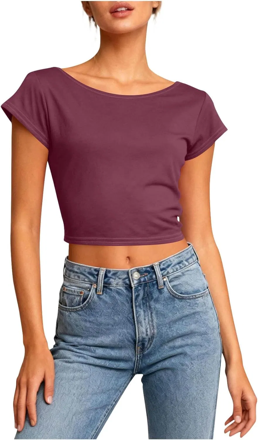 Женская свободная футболка с открытой спиной Crop Top, Wine — фото 2