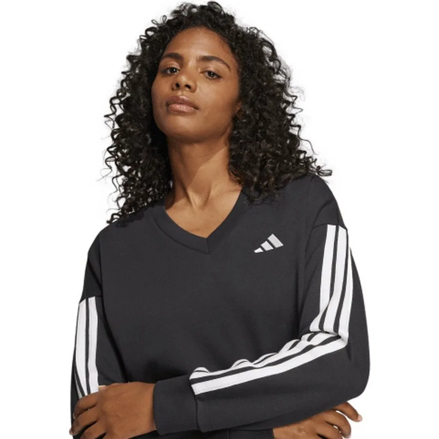 Женский свитшот с V-образным вырезом из футера с 3 полосками adidas Sportswear Essentials, Черный — фото 4
