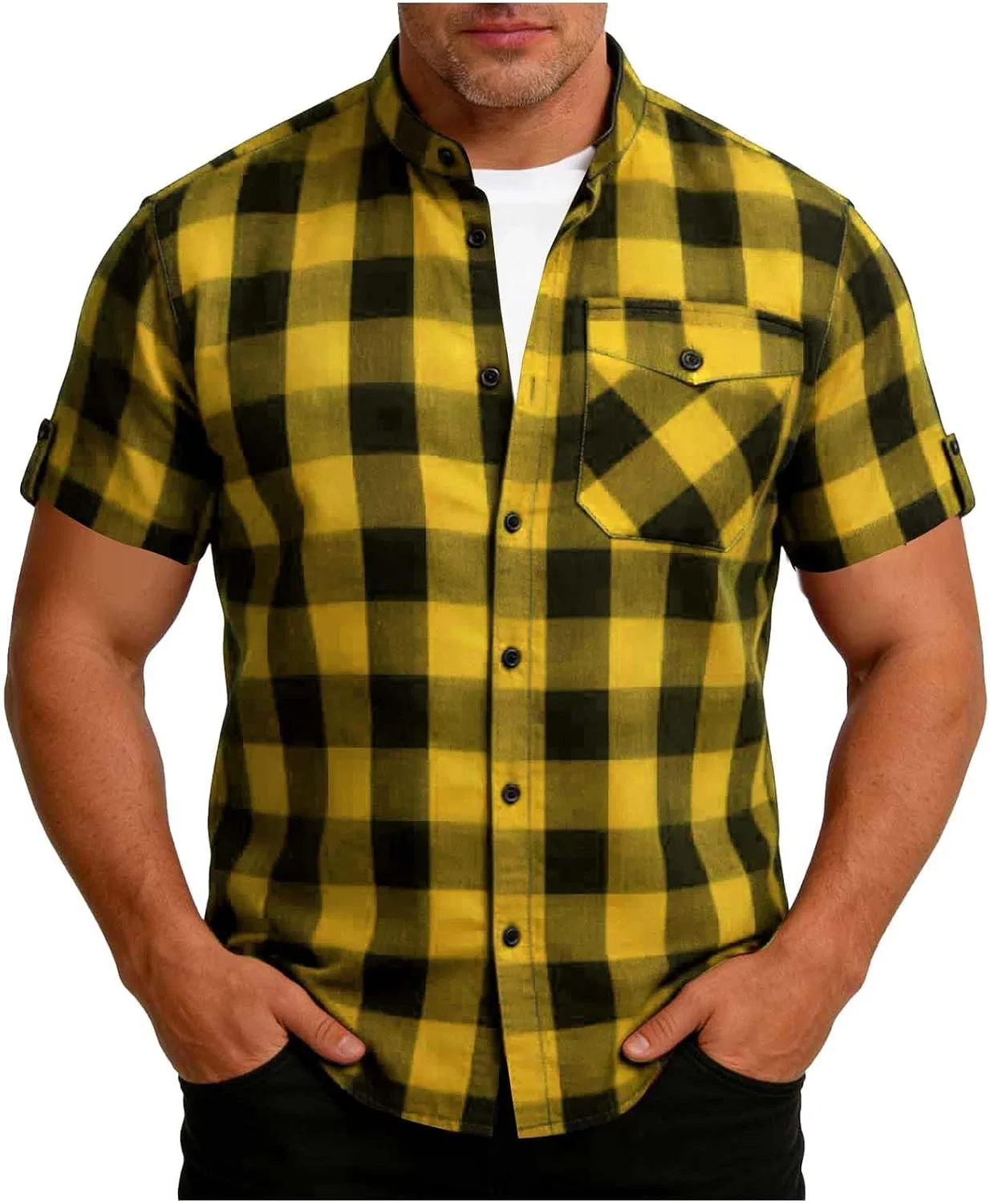 Мужская рубашка с коротким рукавом, модель Plaid Shirts, жёлтый