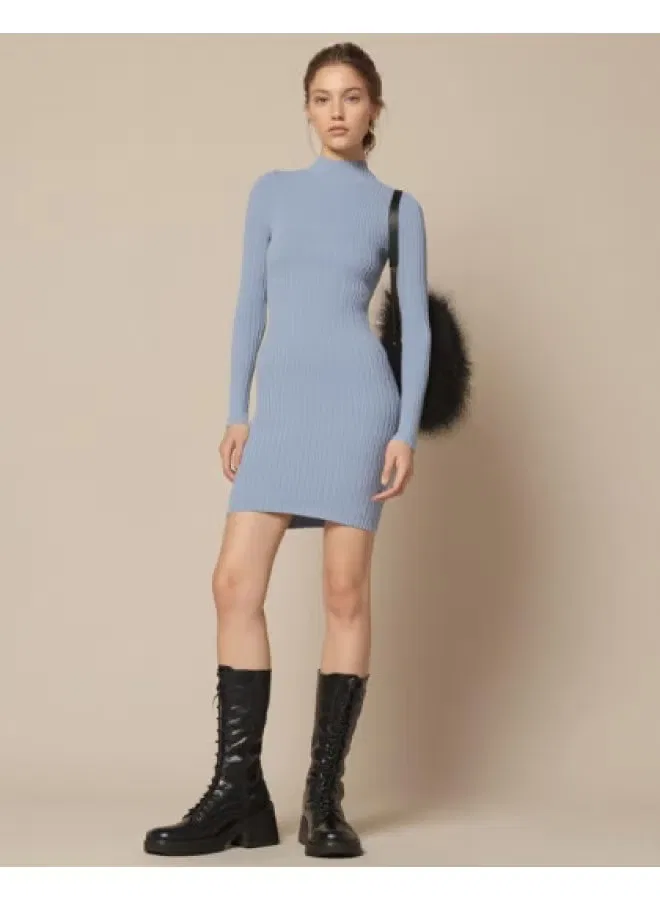 Платье короткое в полоску с высоким воротом и длинным рукавом Zara, серо-синий