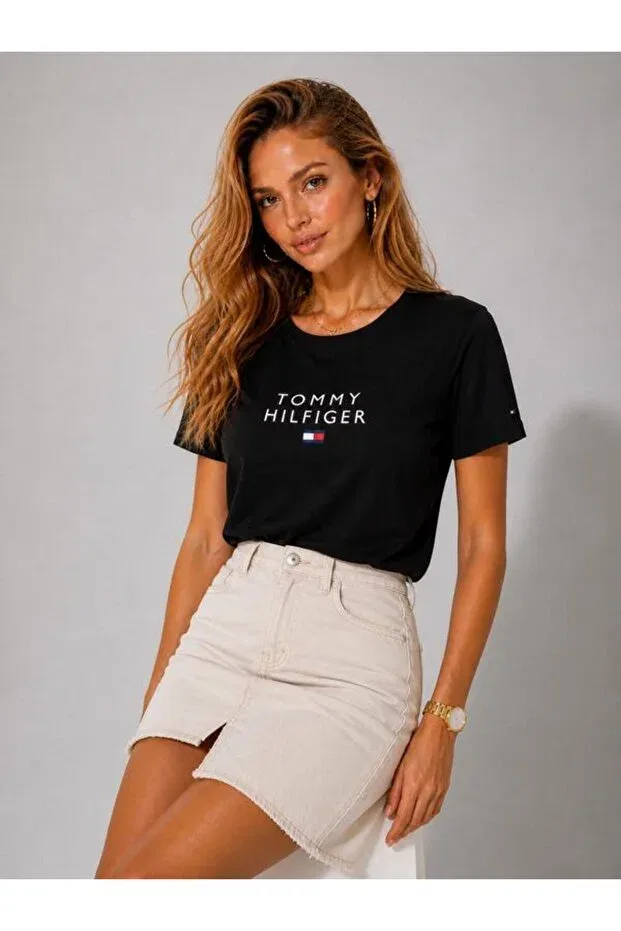 Женская футболка хлопковая с вышивкой Tommy Hilfiger, Dark Lacquer — фото 4