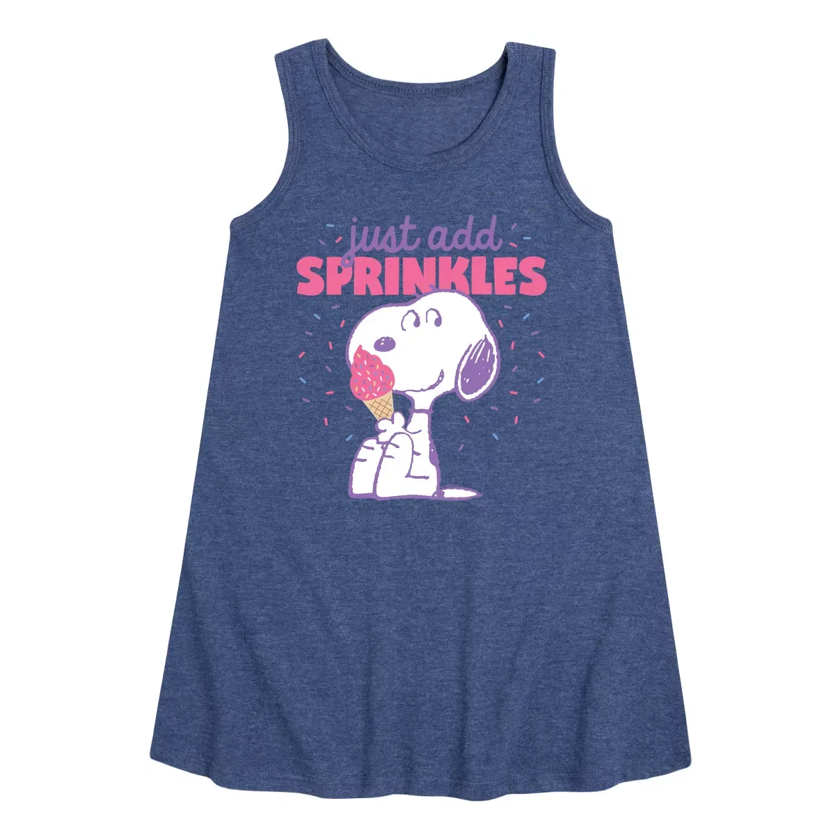Детское платье-трапеция без рукавов с принтом Just Add Sprinkles Peanuts, Heather Navy