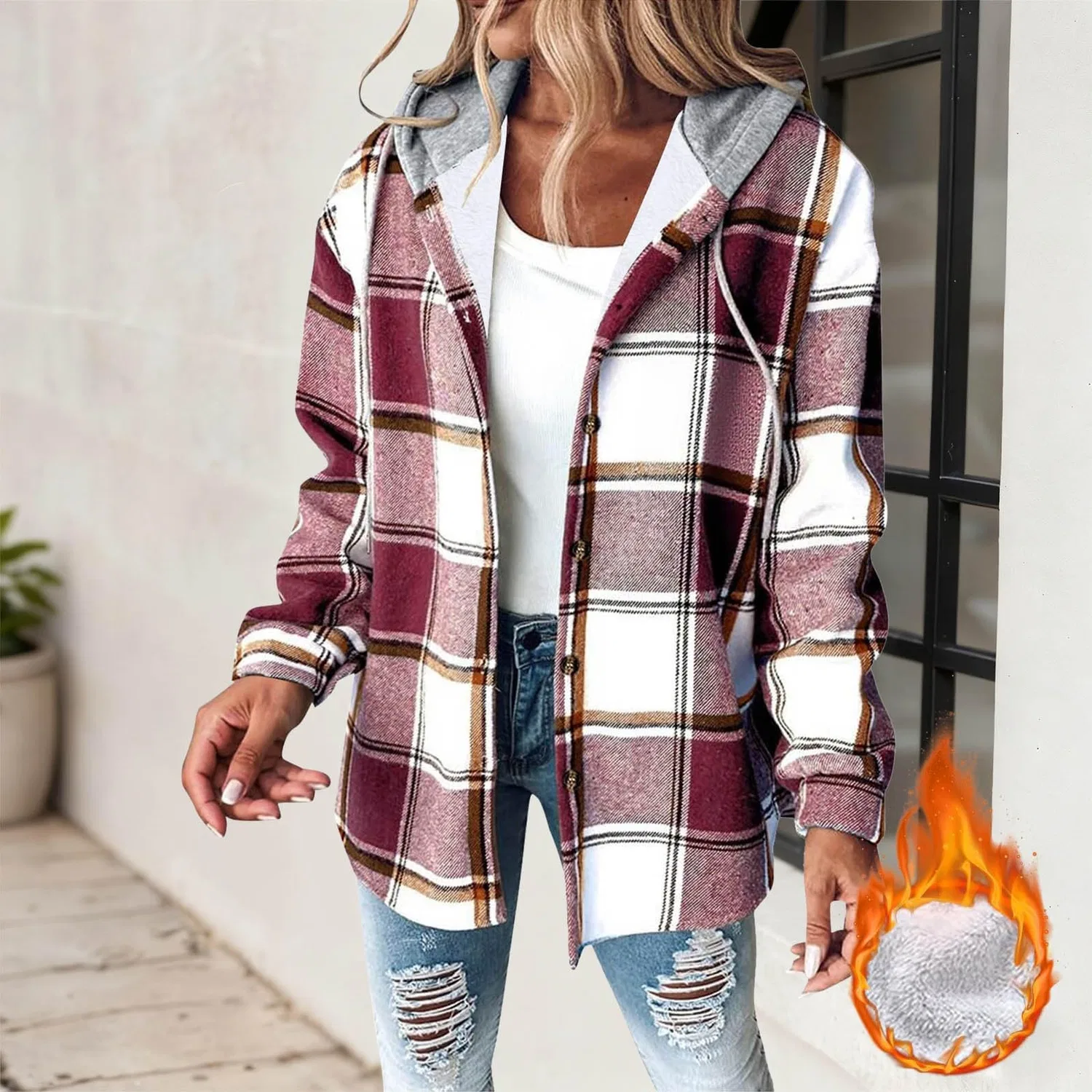 Женское пальто свободного кроя с принтом Elegante stampa casual a quadri, Wein-a — фото 2