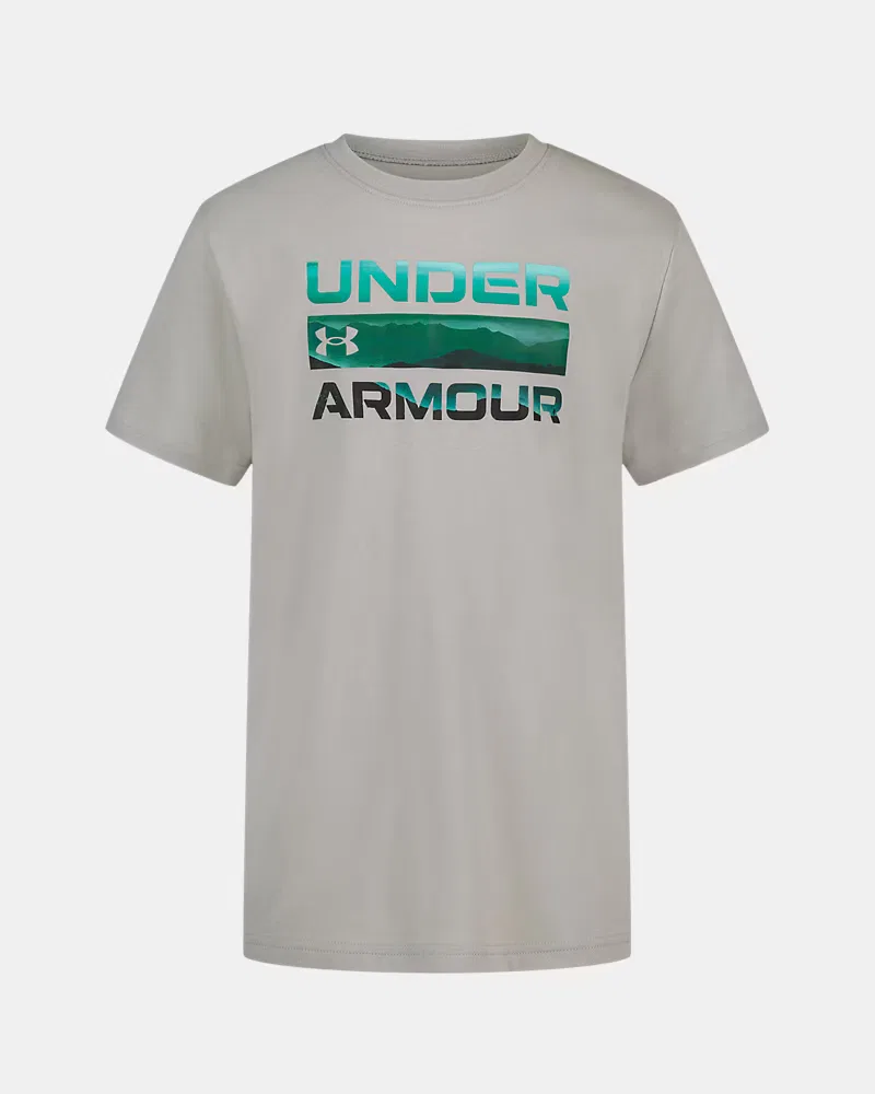Футболка детская из хлопковой смеси с принтом UA Stacked Logo UnderArmour, Titanium/Arden Green