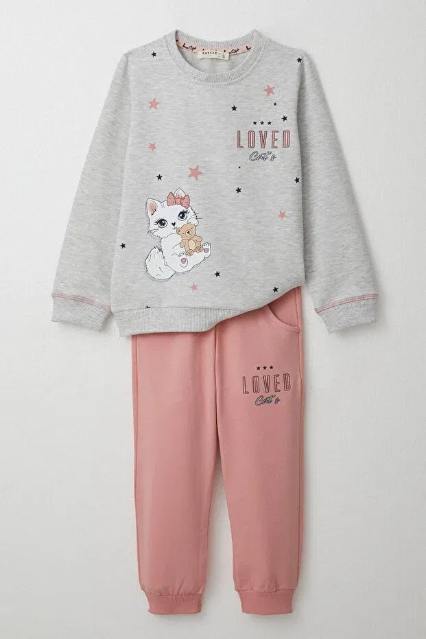 Детский спортивный комплект для девочек с принтом Girl'S tracksuit set with cute kitten print Breeze, Light Gray Melange
