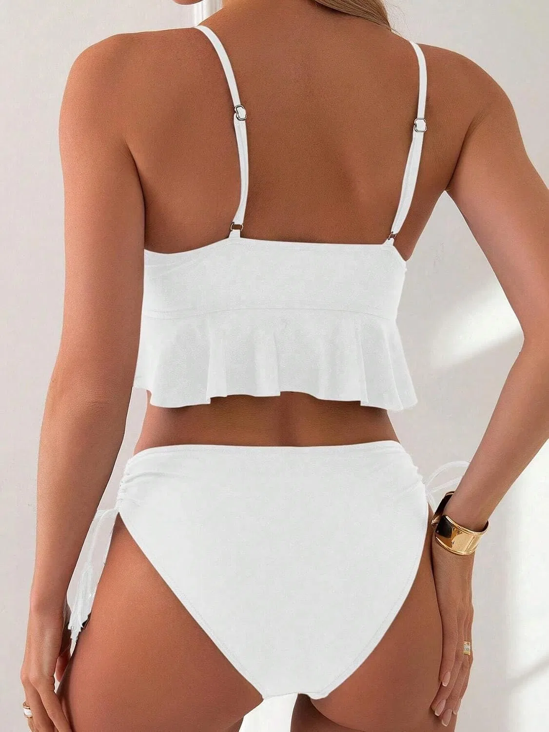 Женский бикини-сет с завязками на высокой талии, Solid Color, White — фото 2
