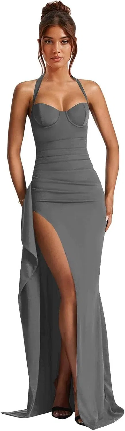 Женское вечернее платье с разрезом и рюшами Satin, Grey