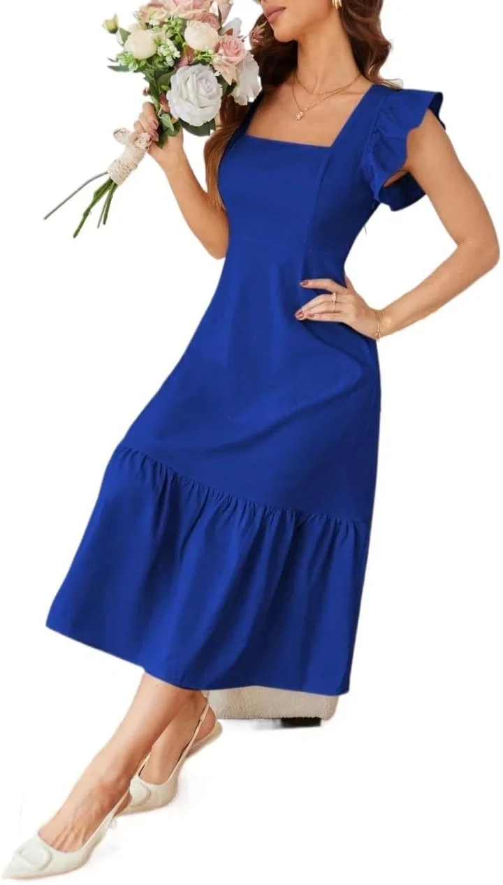 Женское миди-платье с квадратным вырезом без рукавов, рюшами, Royal Blue — фото 4