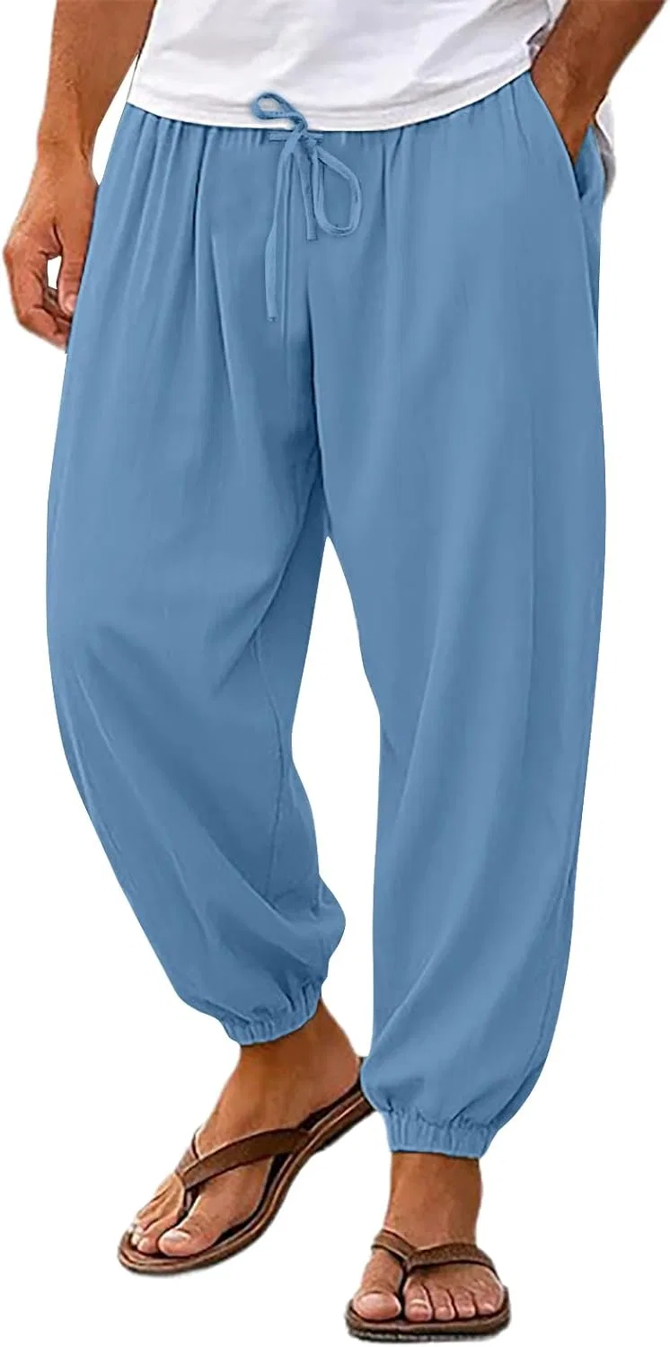 Мужские брюки свободного кроя с эластичным поясом, модель Cotton Linen Pants, голубой