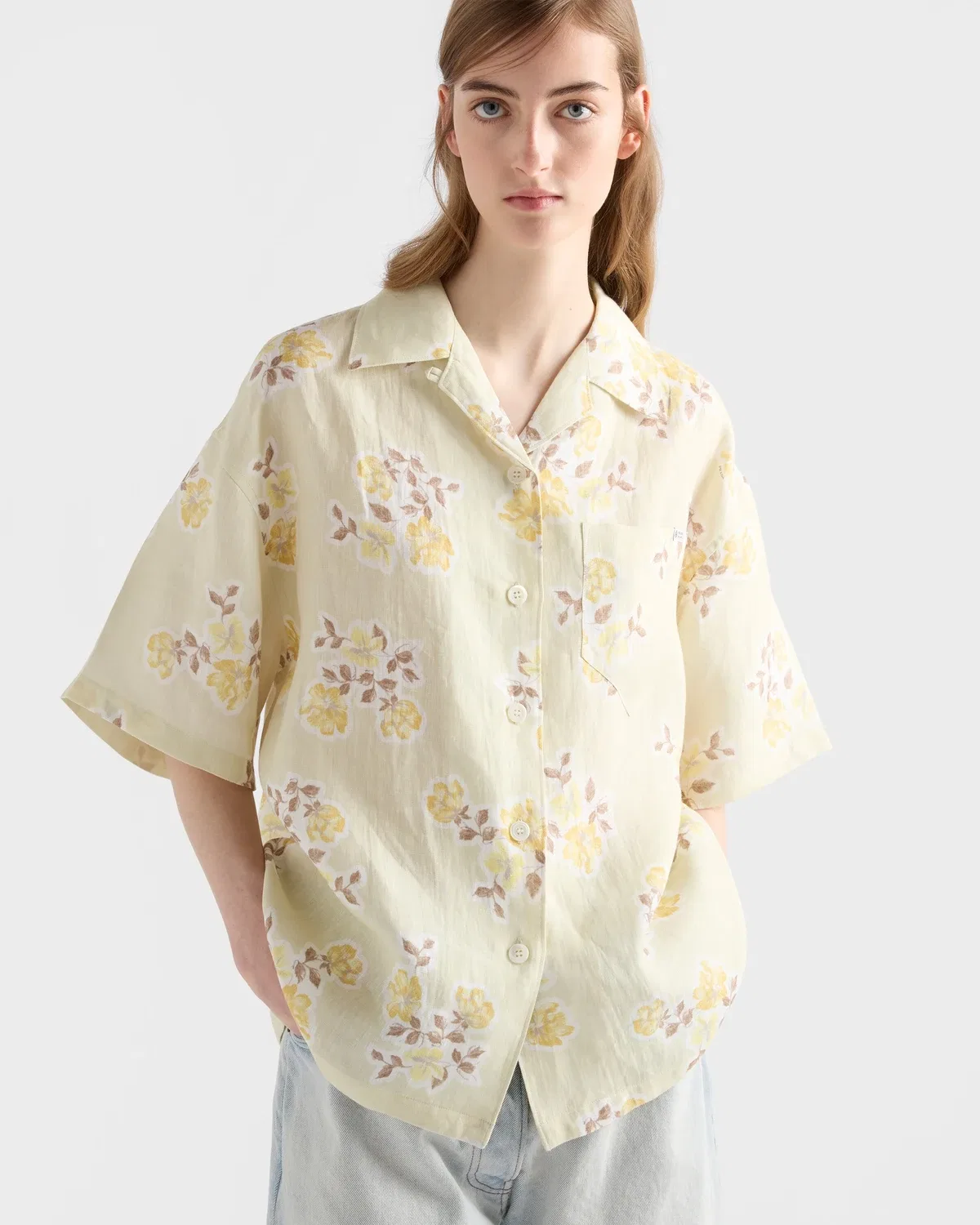 Рубашка с коротким рукавом Floral Print Old Linen Prada, бежевый — фото 4