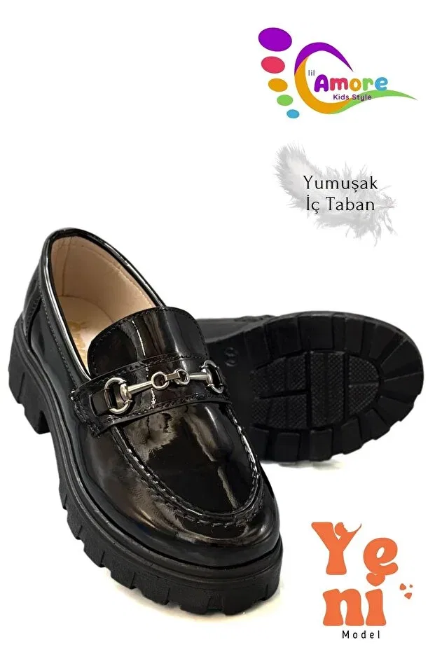 Детские туфли для девочек с пряжкой, лоферы, Sermoda, Patent Leather Black — фото 2