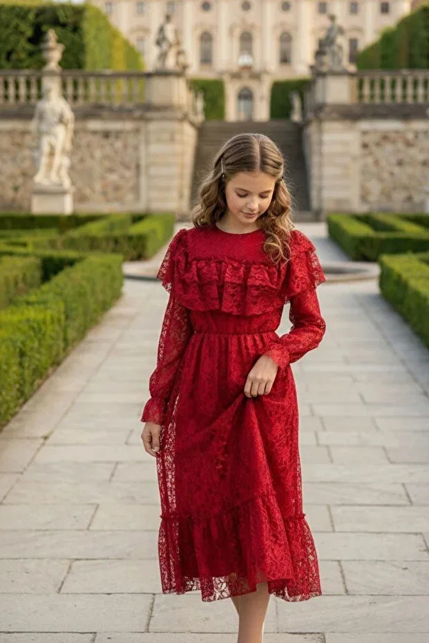 Детское платье для девочек кружевное Hç Hülya Çelik Kidswear 2018, Burgundy Hç Hülya Çelik Kidswear 2018