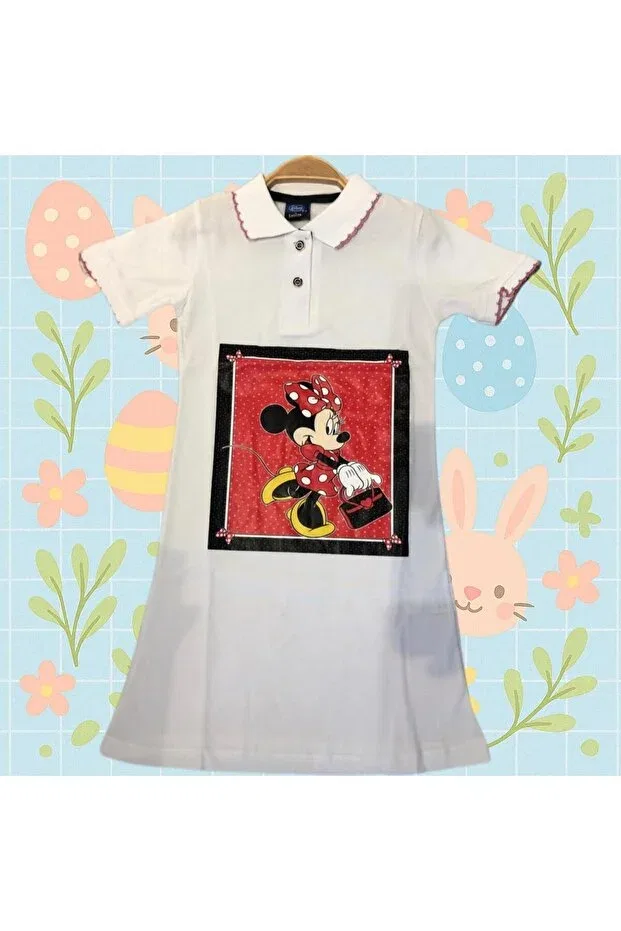 Детское платье для девочек с принтом Minnie Mouse Printed Polo Collar Lacost Fabric Girl's Dress Sparrow Laurel, White — фото 2