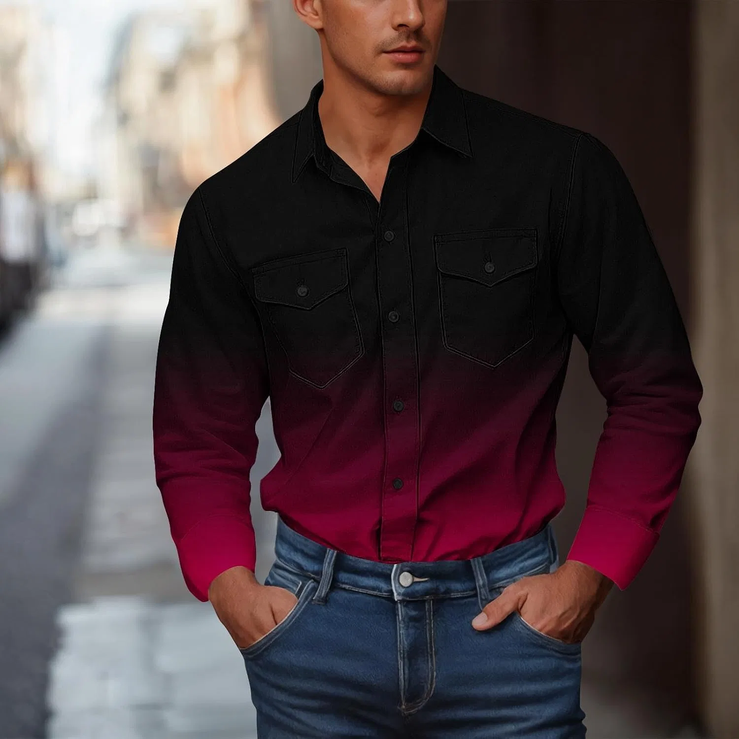 Мужская рубашка с двумя карманами градиентная Workwear, Hot Pink — фото 2