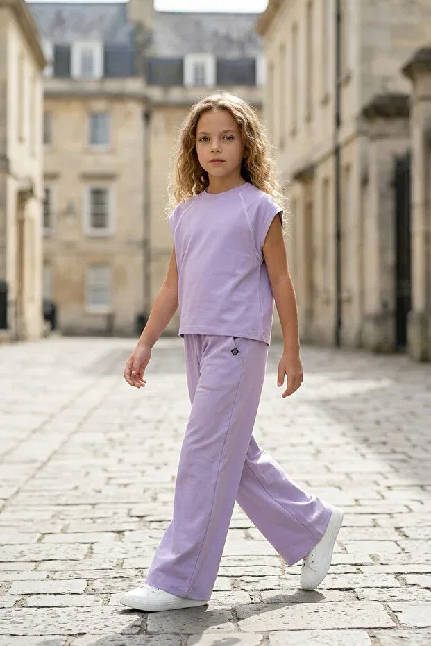 Детские широкие летние брюки для девочек хлопковые Lumy Combed Cotton Girls' Wide-Leg Summer Trousers Colorinas, Lilac — фото 2