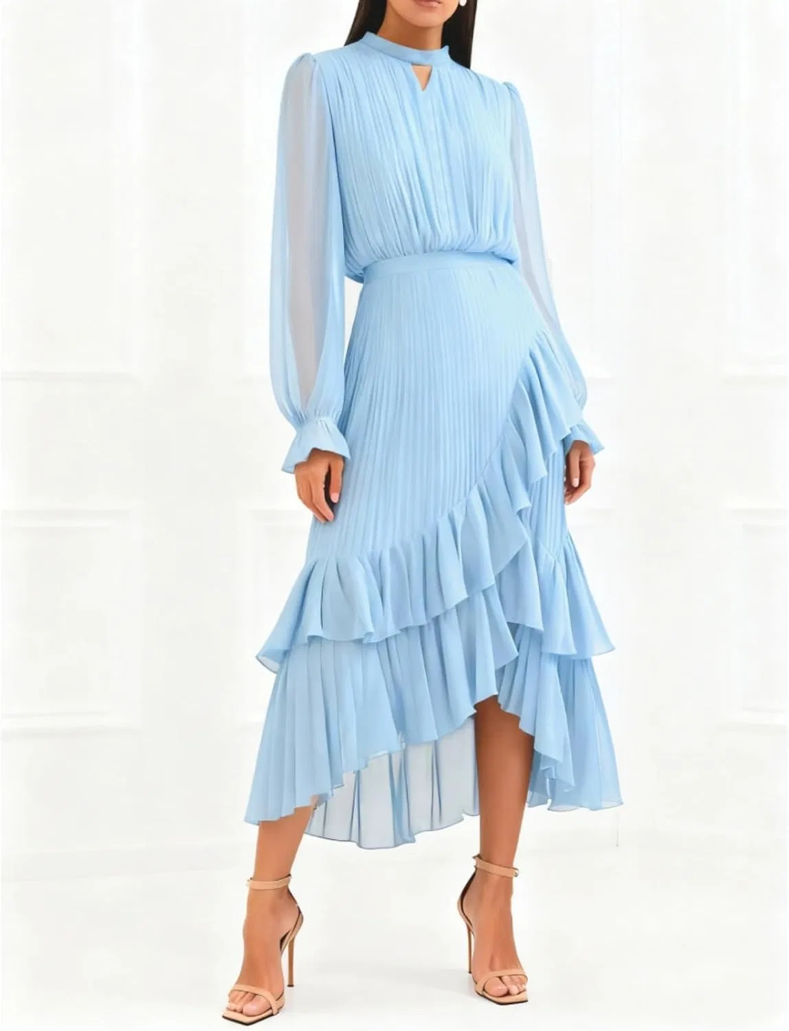 Женское облегающее платье миди с воланами, Light Blue — фото 3