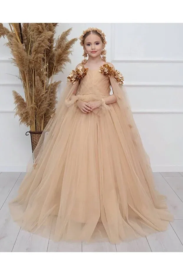 Детское платье для девочек кружевное без рукавов Kids, Beige — фото 3