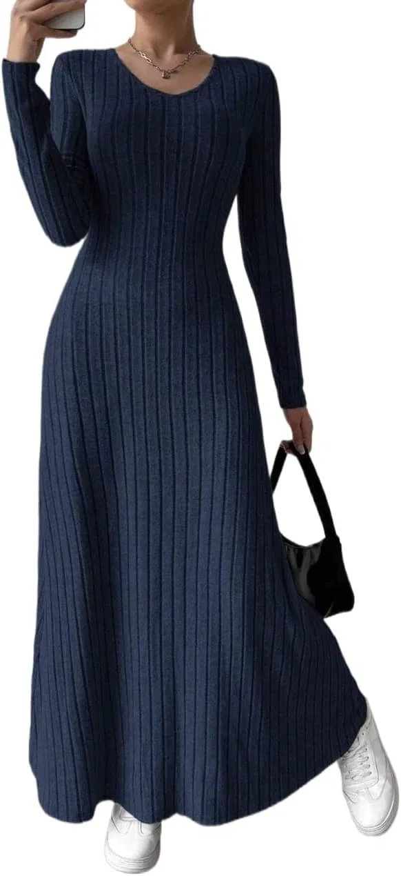 Женское платье A-силуэта с V-образным вырезом Jinhuili, Navy Blue