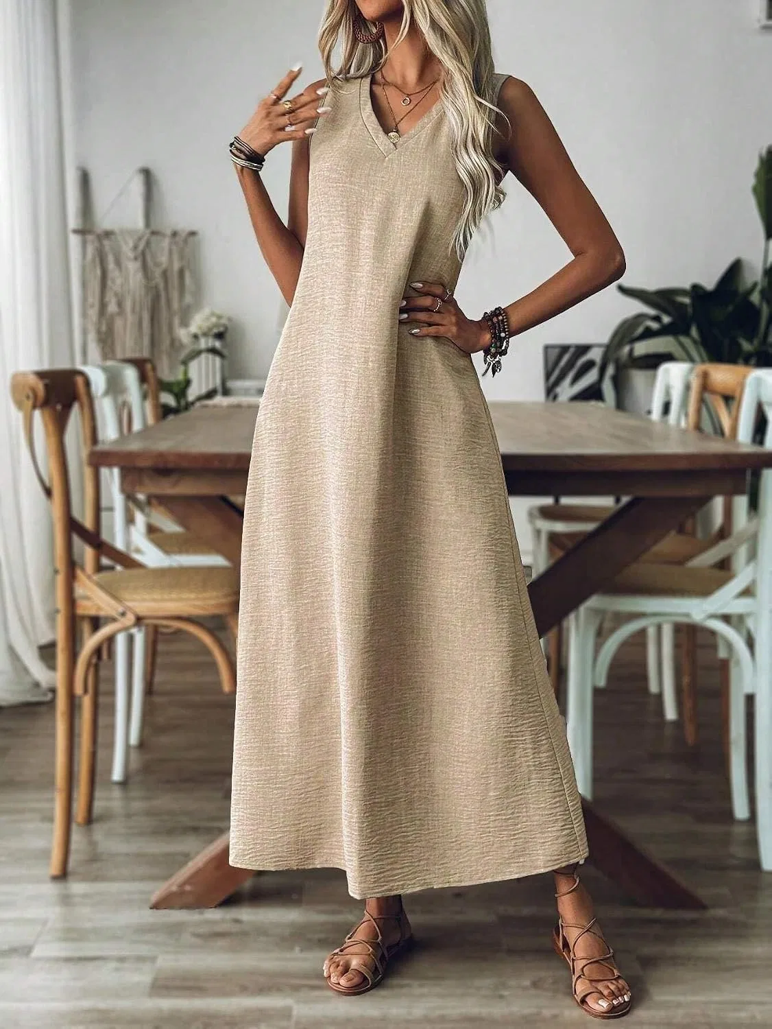 Женское повседневное платье-туника V-образный вырез Solid Color, Apricot — фото 3