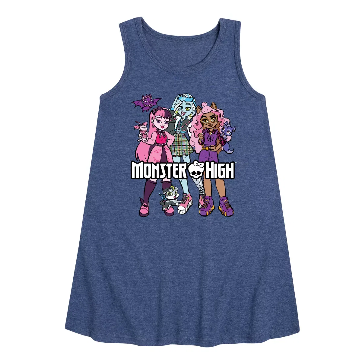 Детское платье для девочек без рукавов с принтом Monster High Group With Pets, Heather Navy