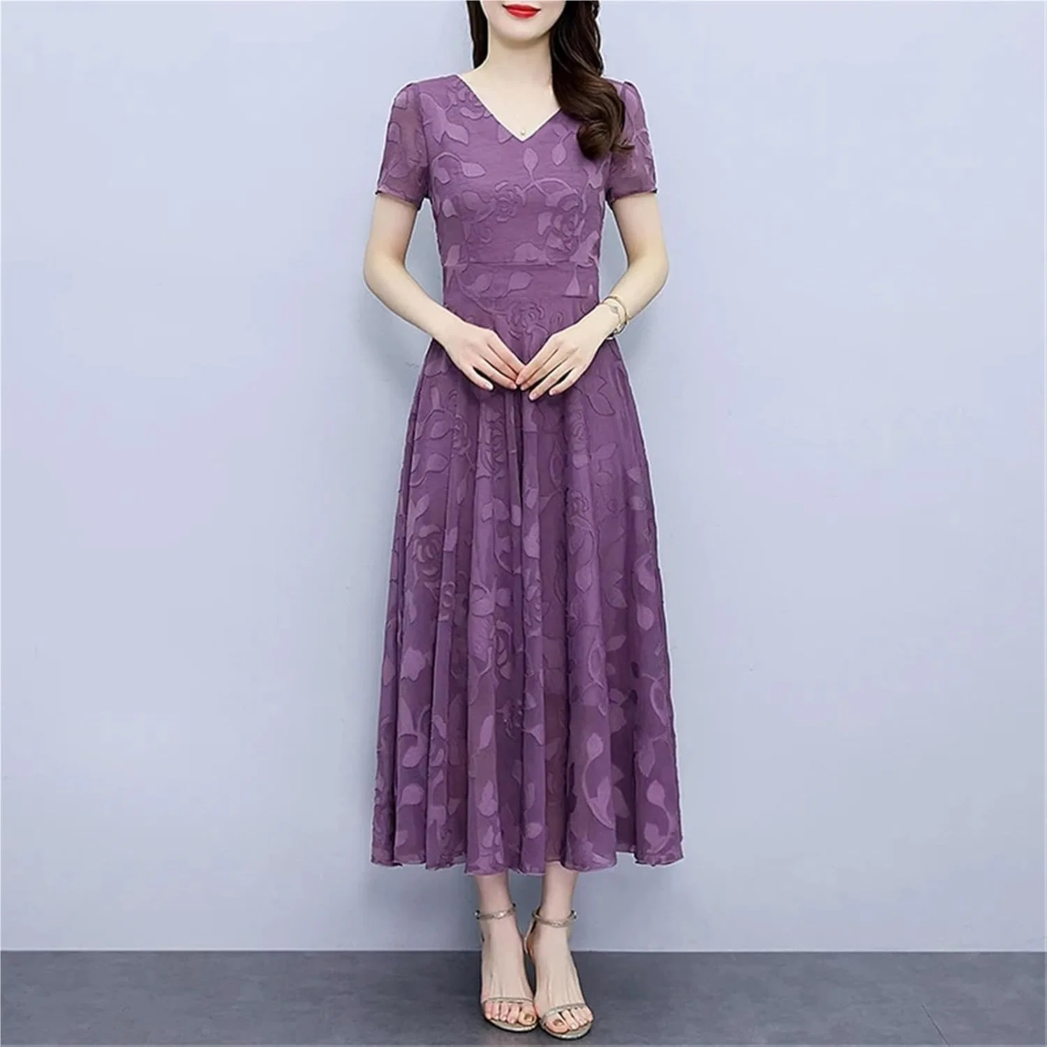 Женское макси-платье шифон с V-образным вырезом Purple — фото 4