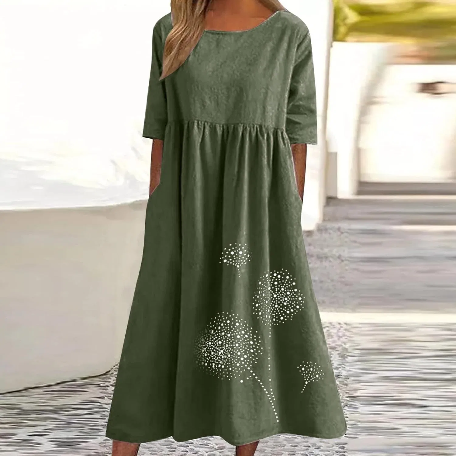 Женское повседневное платье-футболка из хлопка и льна, Army Green — фото 2
