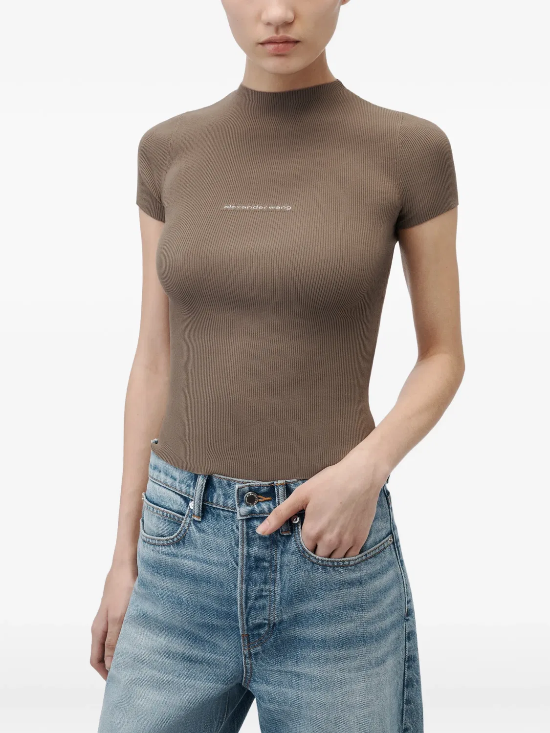 Топ в рубчик с жаккардовым логотипом Alexander Wang, коричневый — фото 4
