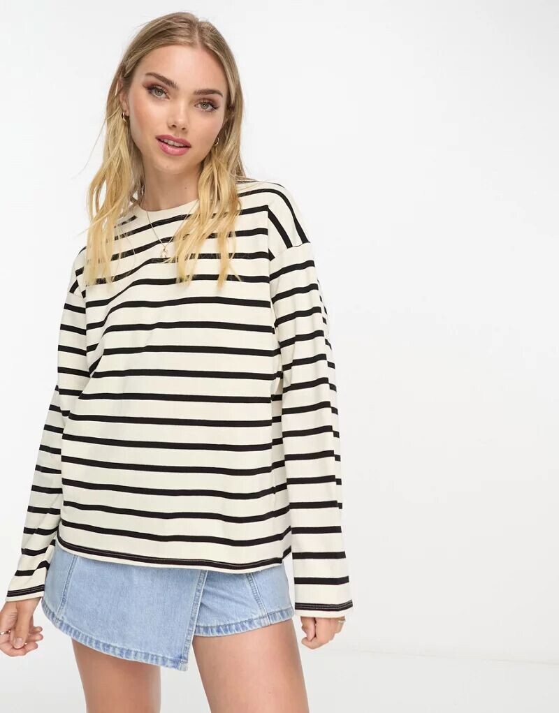 

Футболка оверсайз с длинными рукавами Pull&Bear цвета экрю с черными полосками