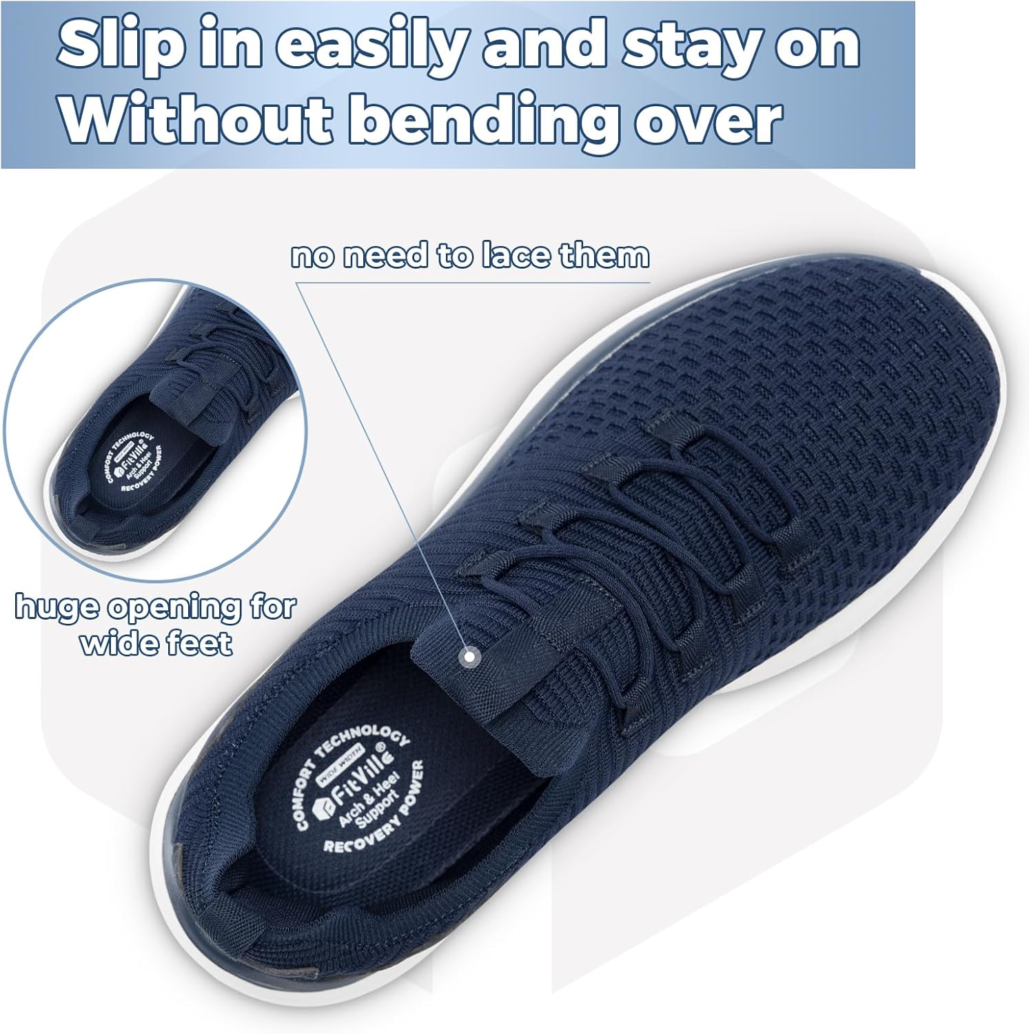 Мужские слипоны FitVille Extra Wide, легкие и дышащие с максимальной амортизацией, синий — фото 2