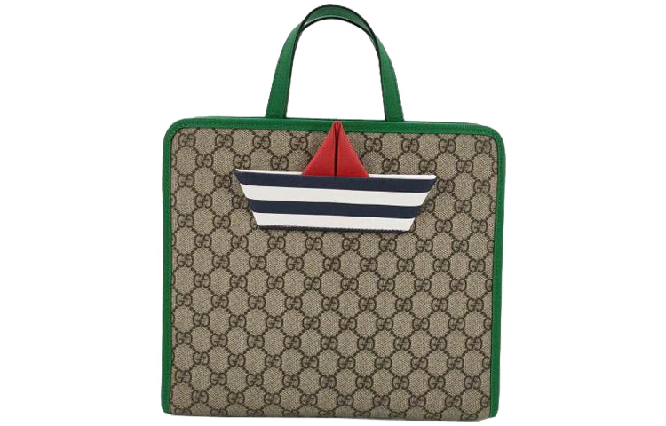

GUCCI Сумка-шоппер из холста с кожаными вставками, детская, Ebony & Green & Multicolor