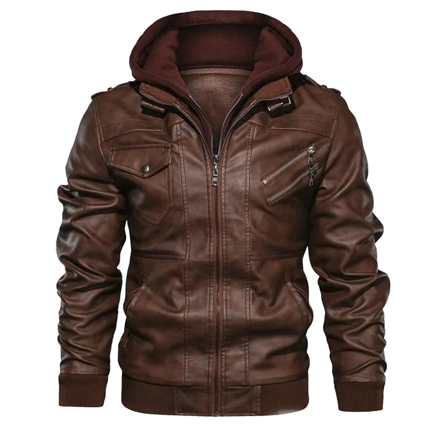Мужская куртка из экокожи с воротником-стойкой Retro Winter Jacket, brown — фото 2