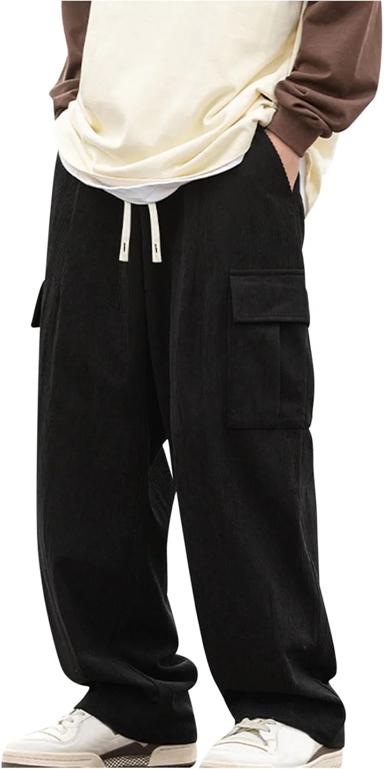 Мужские широкие брюки-карго из вельвета, Vintage Elastic Waist Casual Drawstring Wide Leg Pants Hip Hop Streetwear Pants, чёрный