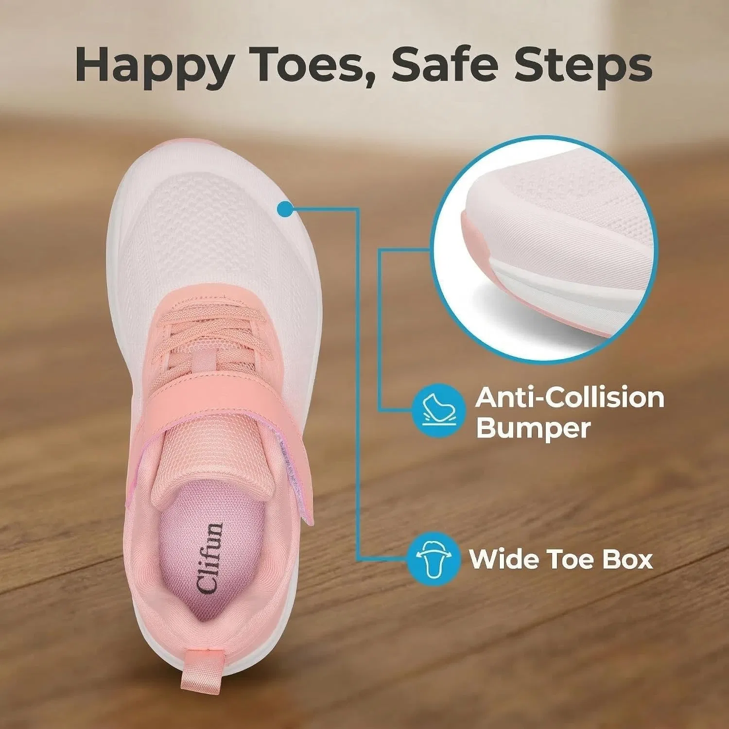 Детские легкие кроссовки с широким носком для мальчиков и девочек Clifun, White/Pink — фото 3