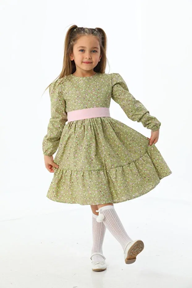 Детское платье для девочек с принтом Pistachio Green Floral Patterned Layered Moda Lippa, Pistachio Green — фото 3