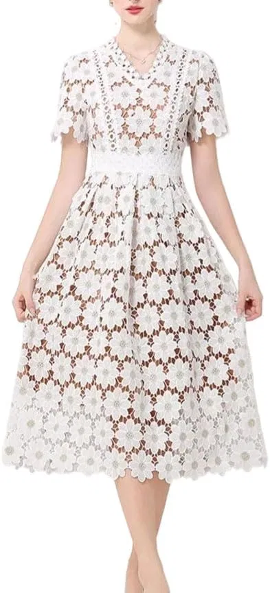 Женское платье с кружевом V-образным вырезом A-line, White