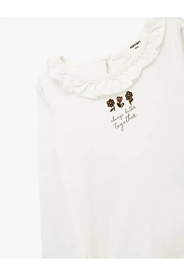 Детская футболка для девочек с цветочным принтом Cotton ruffle detailed floral printed ecru baby girl t-shirt 6wmg10142ak Koton, Ecru — фото 3