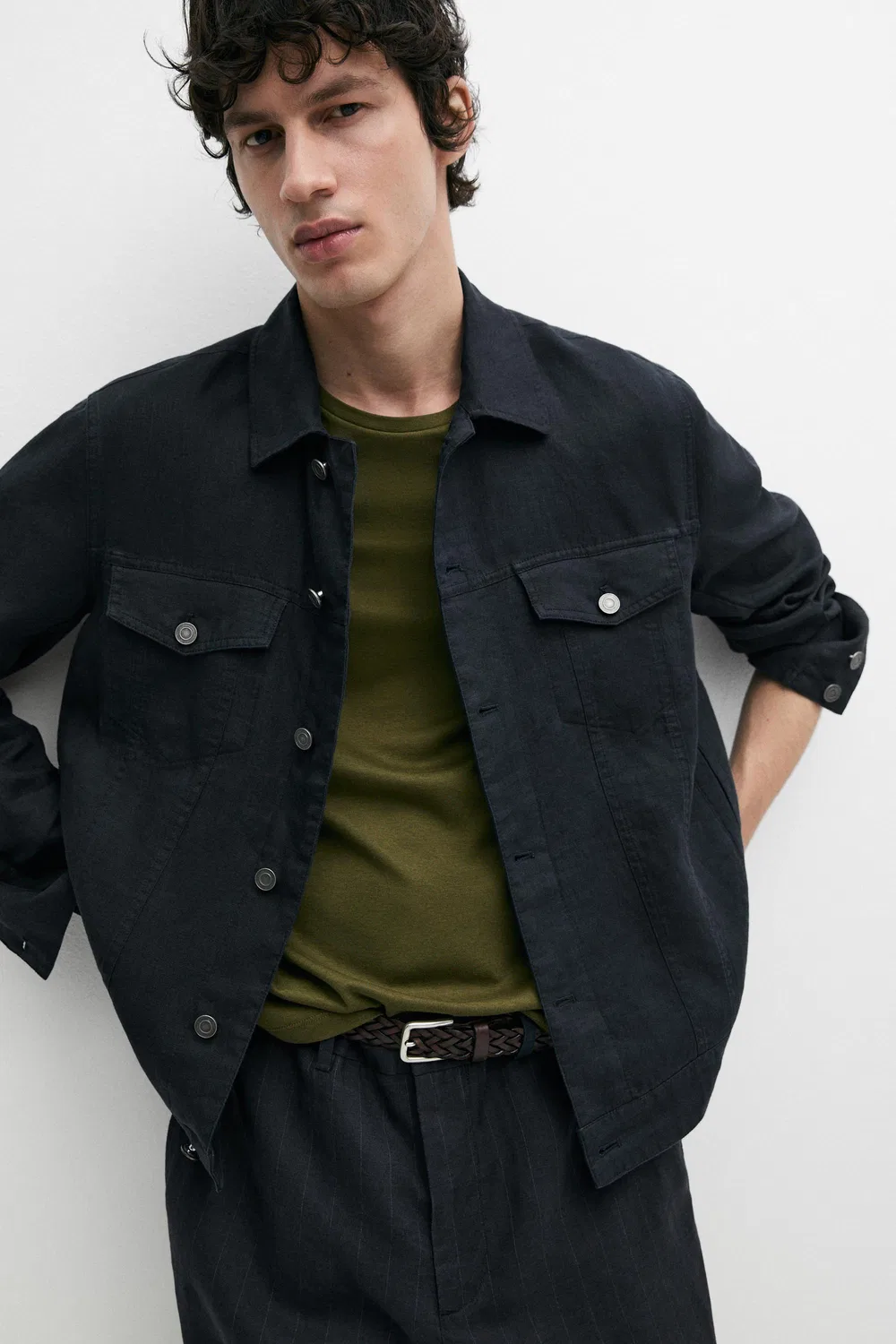 Кардиган из 100% льна с карманами Massimo Dutti, темно-синий — фото 4